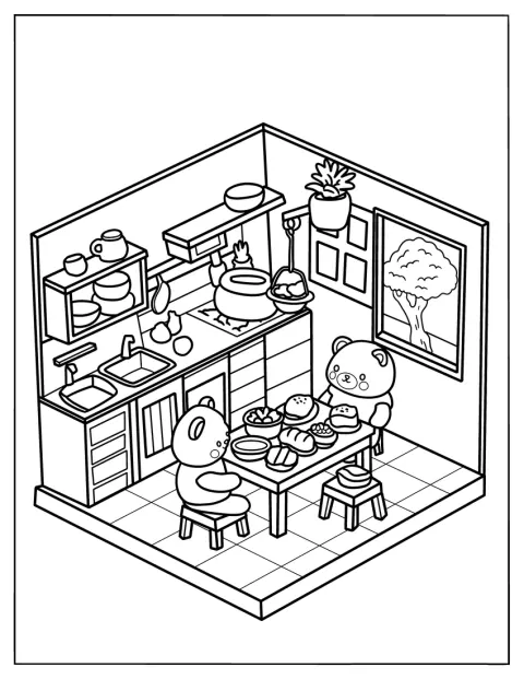 Isometric Kitchen Coloring Page With Two Bears