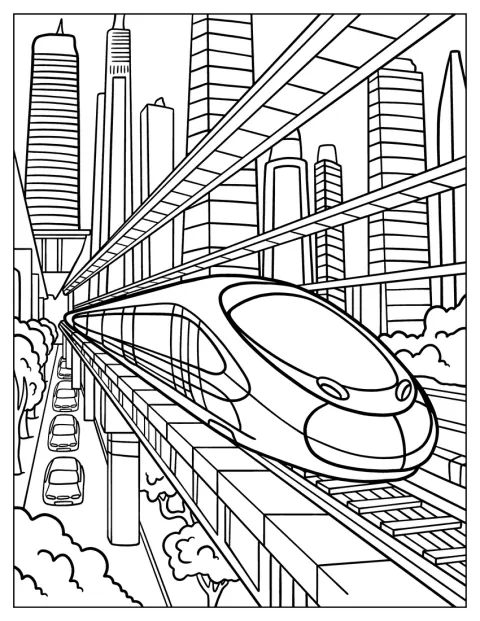Szuperexpressz száguld egy modern város felhőkarcolói előtt.