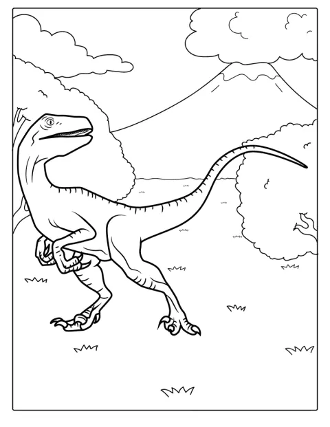 En Velociraptor er vist i en enkel omrissstrek.