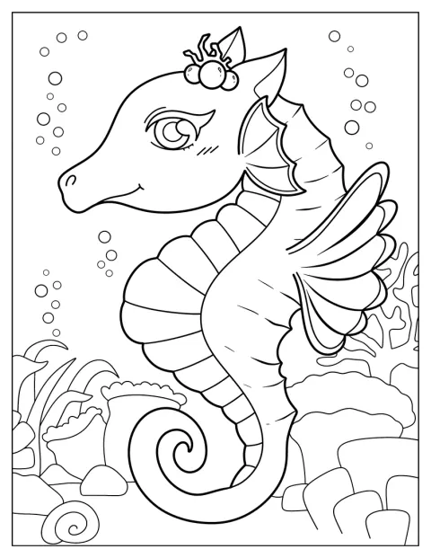Un hippocampe de style dessin animé nage au milieu des coraux.