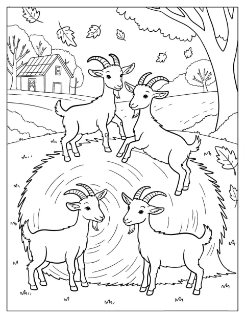 Varias cabras trepan y juegan sobre un fardo de heno en el campo.