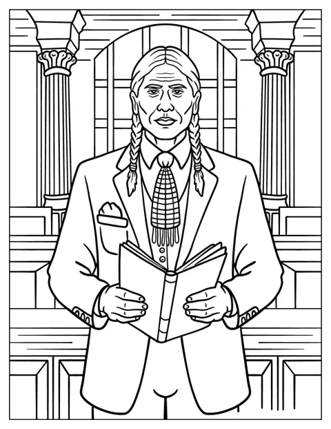 Honorable Native American Coloring Page Elder in Suit with Braids and Tie