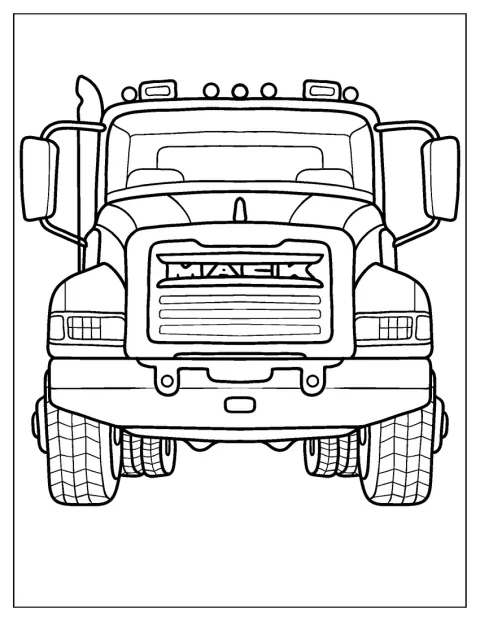 Un camión MACK se muestra de frente en la carretera.