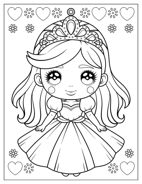 Uma princesa de olhos grandes usa uma coroa e está rodeada de corações.
