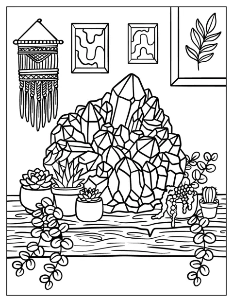 Crystal Cluster with Succulents and Boho Decor Coloring Sheet