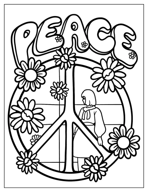 Een vrouw staat tussen bloemen naast het woord en symbool voor vrede.