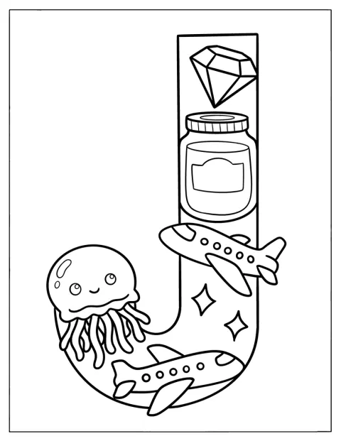 Un bijou, de la confiture, un jet et une méduse entourent la lettre J.