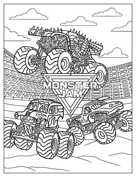 Monster Jamのトラックが、観客席に囲まれたアリーナに集まっています。