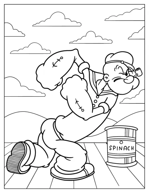Popeye el Marino posa con los brazos flexionados.