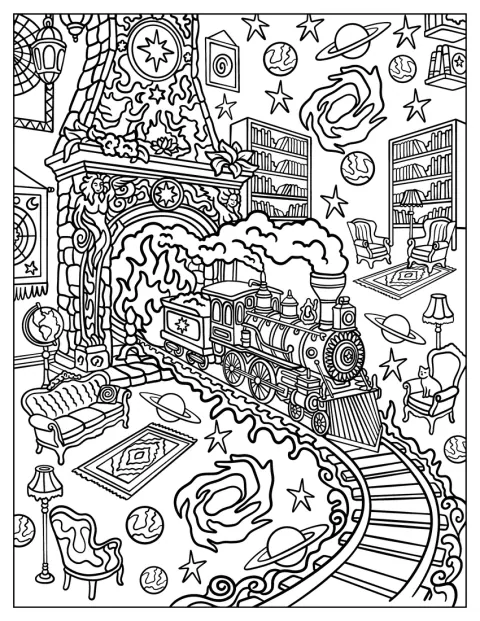 Un tren atraviesa un túnel con forma de chimenea en un salón galáctico.