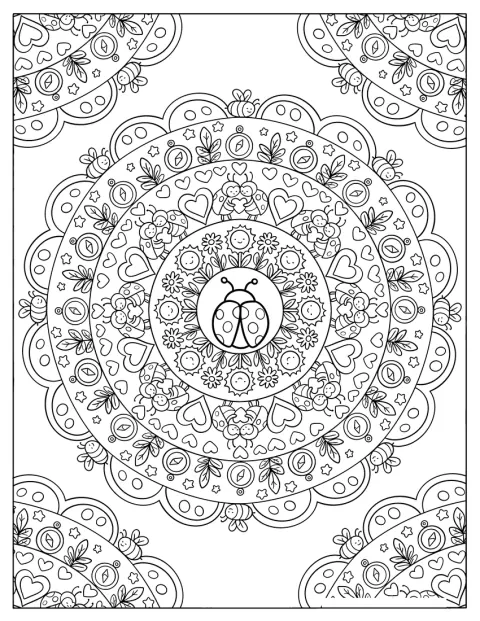 En mariehøne ligger midt i en detaljeret mandala af blomster.