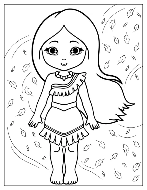 Pocahontas visas som en söt figur i kawaii-stil.