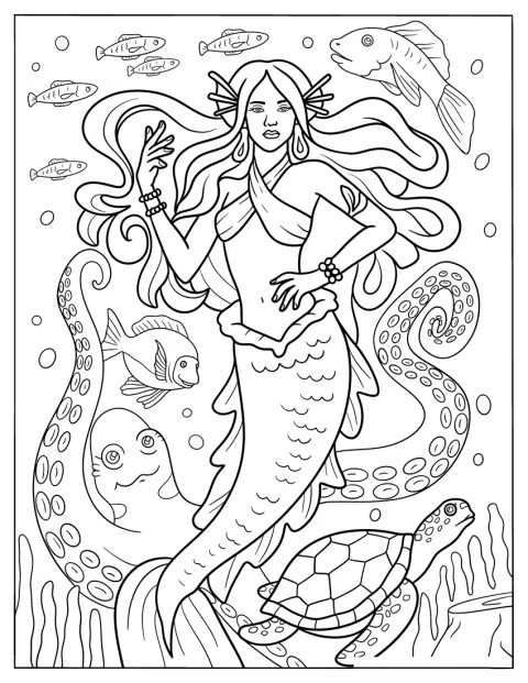 Fantasy Mermaid Coloring Page with Octopus and Giant Fish
