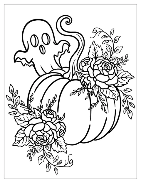 Un fantasma grazioso fluttua dietro una zucca circondata da rose.