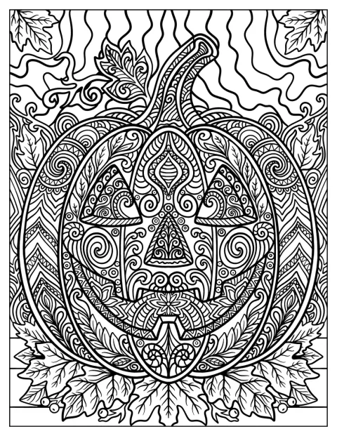 Herbstblätter und verschlungene Muster bilden den Rahmen für ein Kürbis-Mandala.