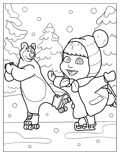 Masha y el Oso patinan juntos sobre el hielo en un paisaje nevado.