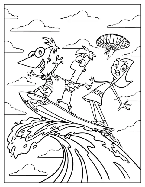 Phineas, Ferb e Candace fanno surf mentre Perry vola su un paracadute.