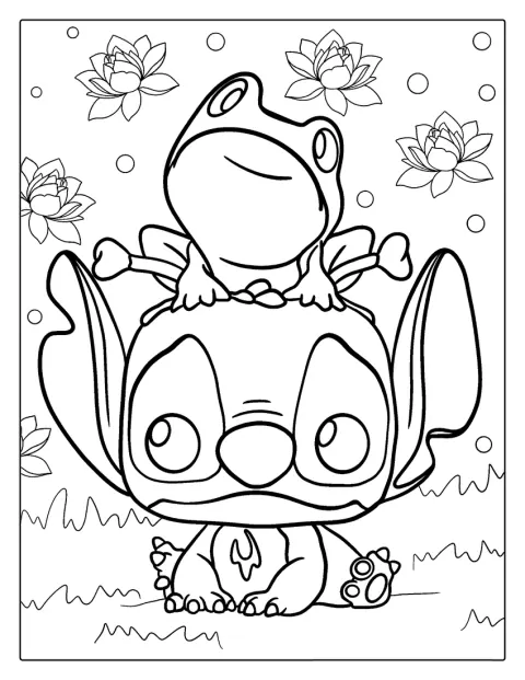 Stitch in versione Funko Pop tiene una rana appollaiata sulla testa.