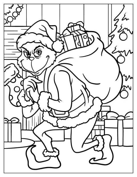 Grinch ubrany jak Mikołaj taszczy worek pełen prezentów.