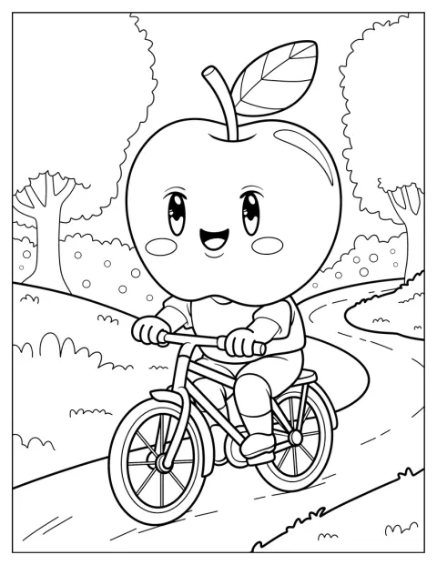 Ein lächelnder Apfel fährt mit seinem Fahrrad draußen herum.