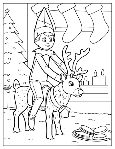 エルフが暖炉とクリスマスツリーのそばでトナカイに乗っています。