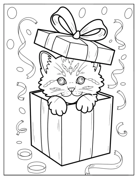 Um gatinho espreita de uma caixa decorada com um grande laço.