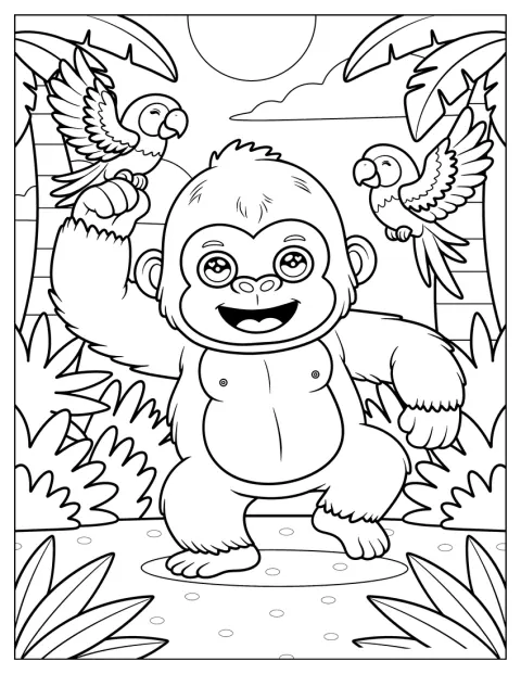 Rozbrykany mały goryl bawi się z papugami w dżungli.