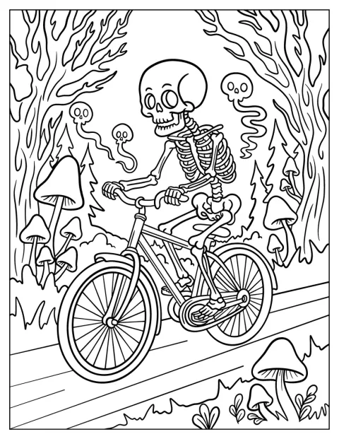 Uno scheletro pedala in bicicletta attraverso un bosco spettrale.