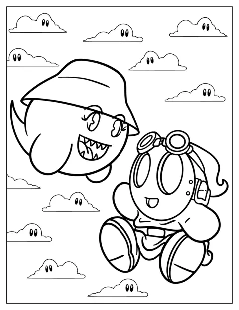 Boo usa um chapéu em forma de tigela, enquanto Shy Guy tem óculos de aviador.