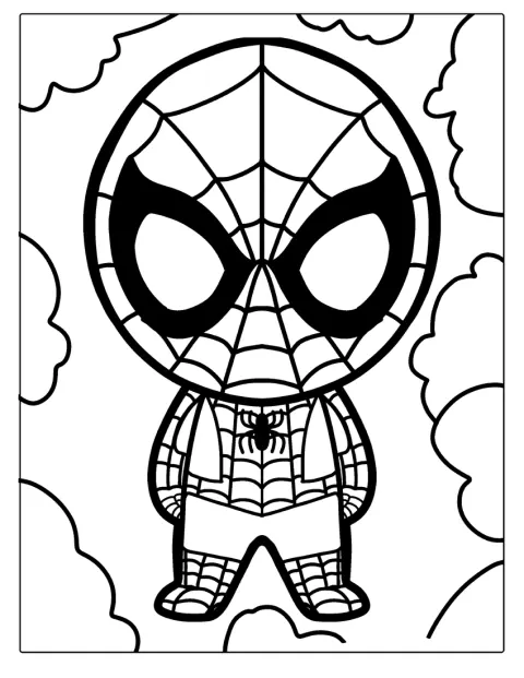 Spider-Man står klar i drakten sin med spindelvevsmønster.