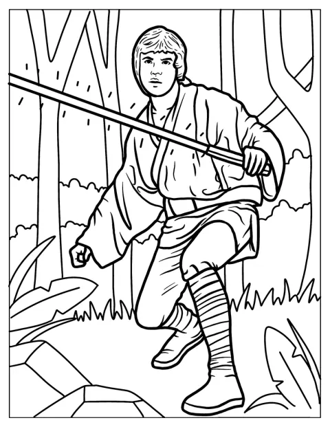 Luke Skywalker sujeta su sable láser, listo para entrar en acción.
