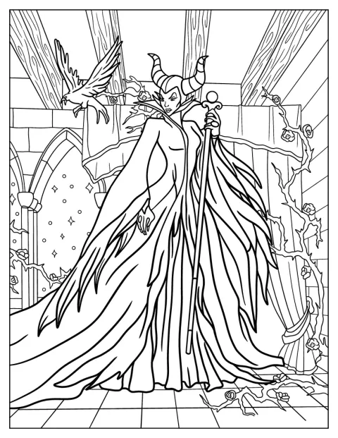 Dentro de un castillo, Maleficent sostiene su bastón.