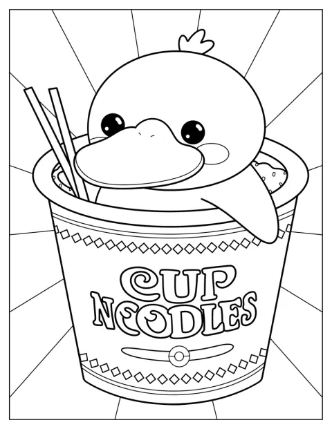 Psyduck kurkistaa pikanuudeleita täynnä olevasta kupista.