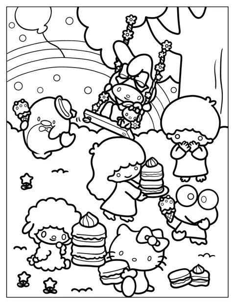 Little Twin Stars disfruta de un pícnic con Hello Kitty, My Melody, Keroppi, Tuxedo Sam y Fifi.