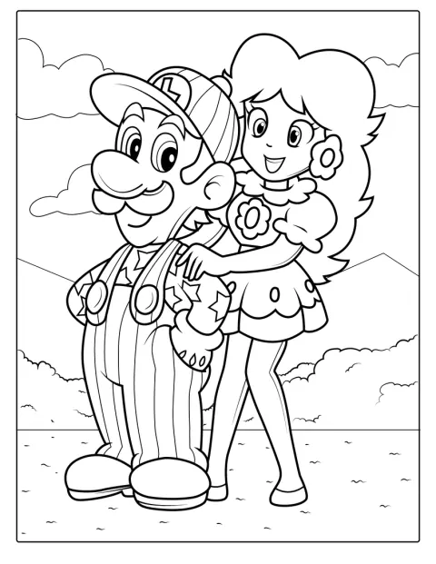 Luigi se tient aux côtés de Princesse Peach.