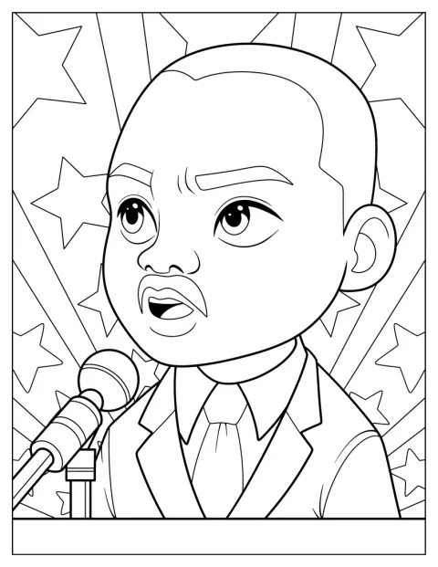 Als niedliche Zeichentrickfigur spricht Martin Luther King Jr. vor einem Publikum.