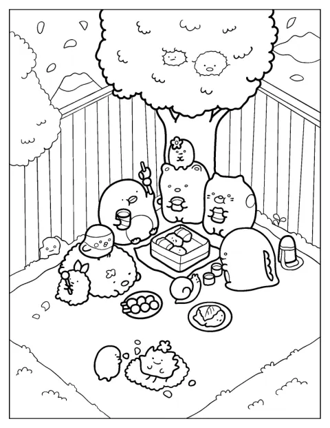 Sumikko Gurashi och Minnikos har picknick i en trädgård.