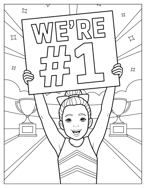 Eine Cheerleaderin hält ein Schild mit der Aufschrift „We’re #1“.