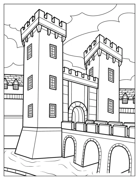 Vu de face, un château est entouré de douves et relié par un pont.