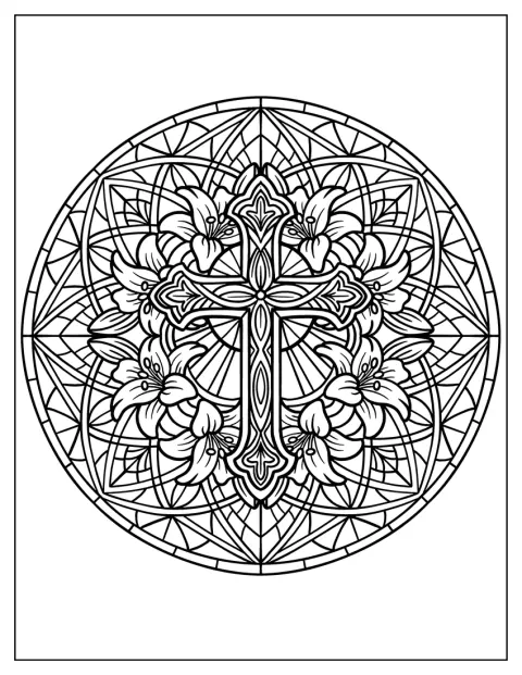 O cruce cu motive florale se află pe un fundal geometric mandala.