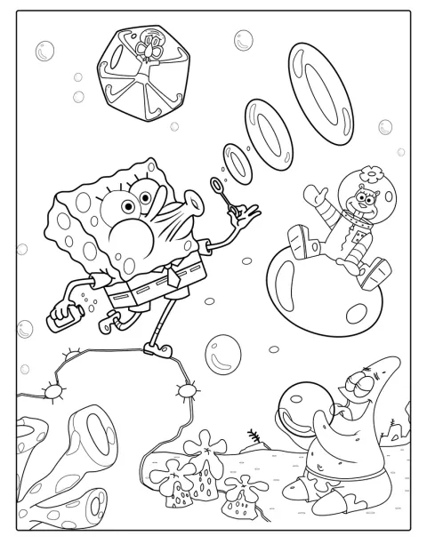 SpongeBob stă alături de Patrick, Squidward și Sandy.