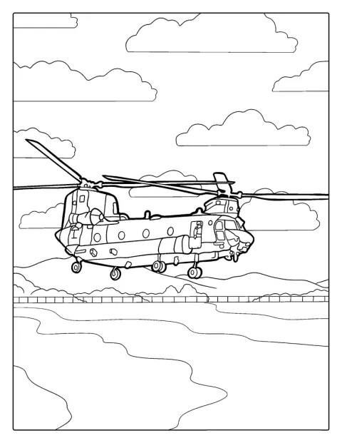 Elicopterul Chinook este înfățișat cu rotoarele sale dispuse în tandem.