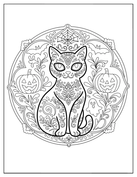 Um gato majestoso ocupa o centro de uma mandala com motivos assustadores.