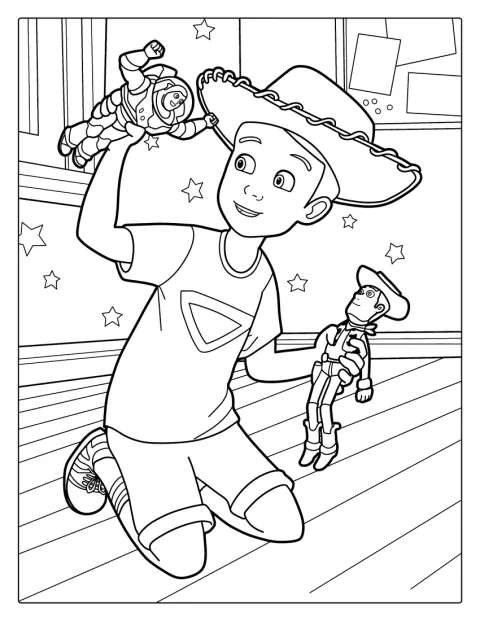 Andy si diverte in compagnia di Buzz e Woody.