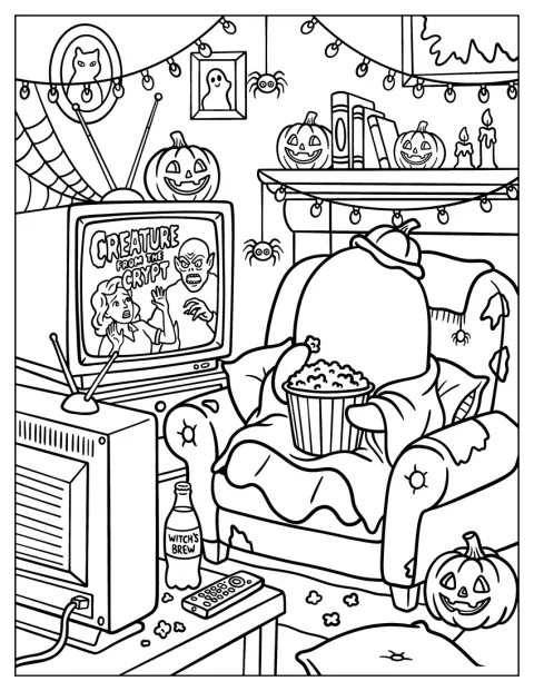 Duch chrupie popcorn, oglądając horror.