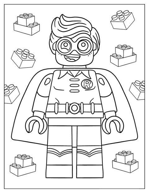 LEGO Robin staat afgebeeld in zijn heldenkostuum.