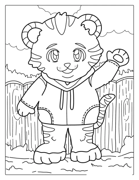 Ein freundlicher Tiger im Cartoonstil schaut nach vorn.
