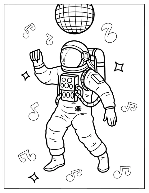 Um astronauta dança sob uma bola de espelhos, acompanhado por notas musicais.