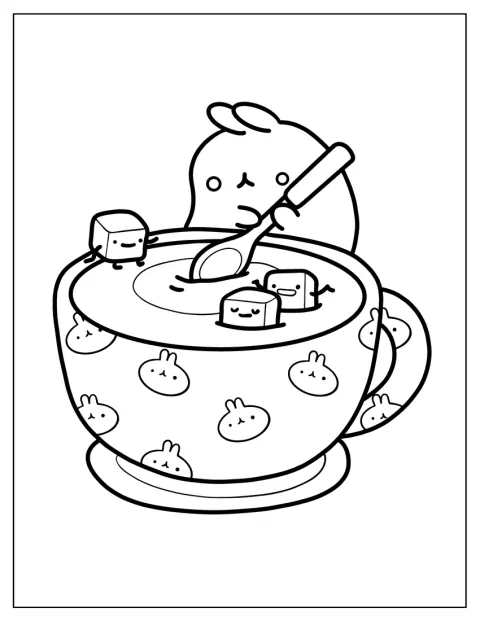 Molang míchá horkou čokoládu v hrnku.