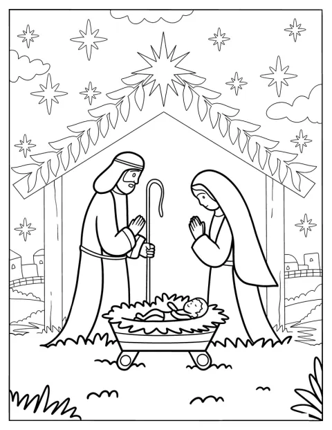 Maria och Josef ber över Jesusbarnet, som ligger i krubban i stallet.